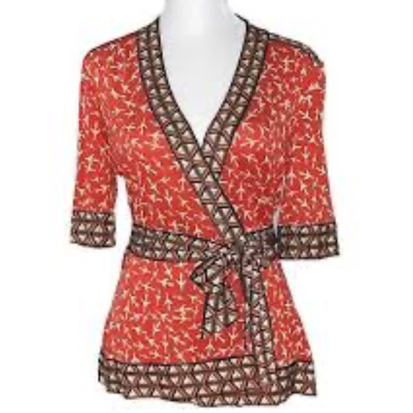 Diane Von Furstenberg Tops - DVF 100% Silk Orange Airplane Wrap 3/4 Sleeve Top Size 12/Large MSRP $245